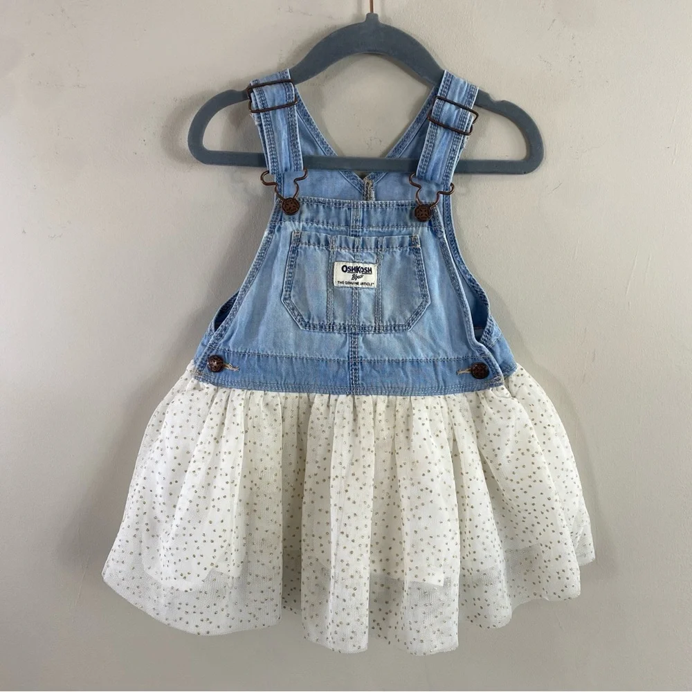 OshKosh B’Gosh Infant Girl Mixed Media Polka‎ Dot Denim Overall Dress Sz 24M